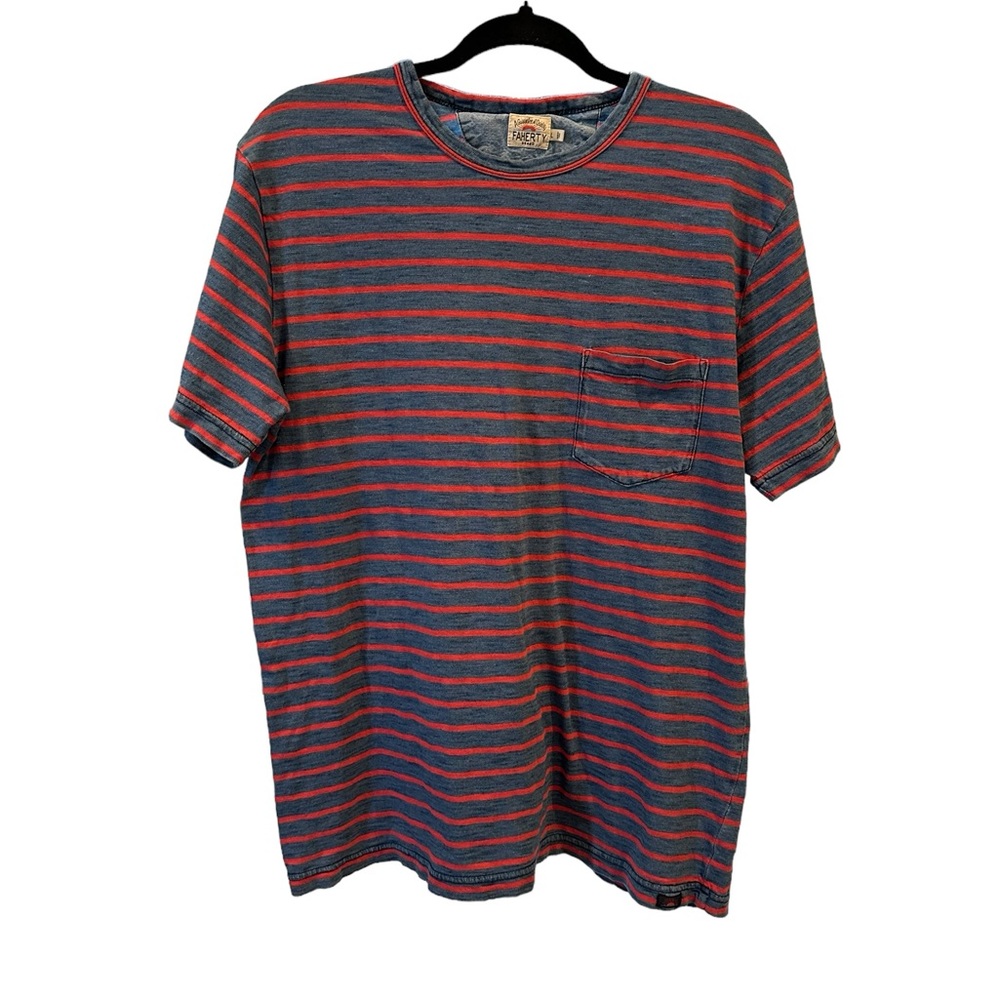 Faherty Men's L Blue & Pink Striped Cotton Short Sleeve Crew Neck Pocket Tee